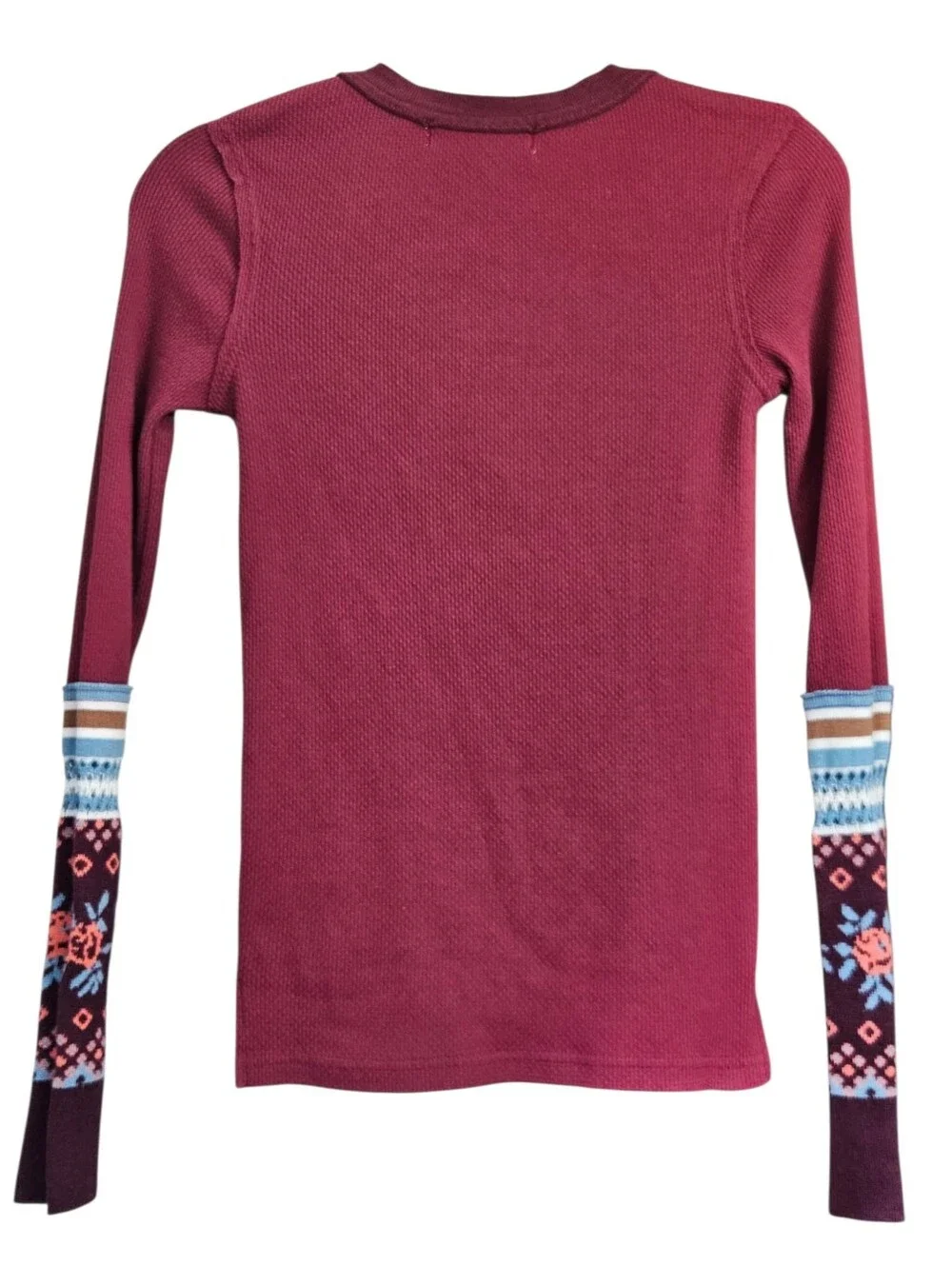Free People Mikah Notch V Neck Long Sleeve Thermal with Patterned Cuff XS